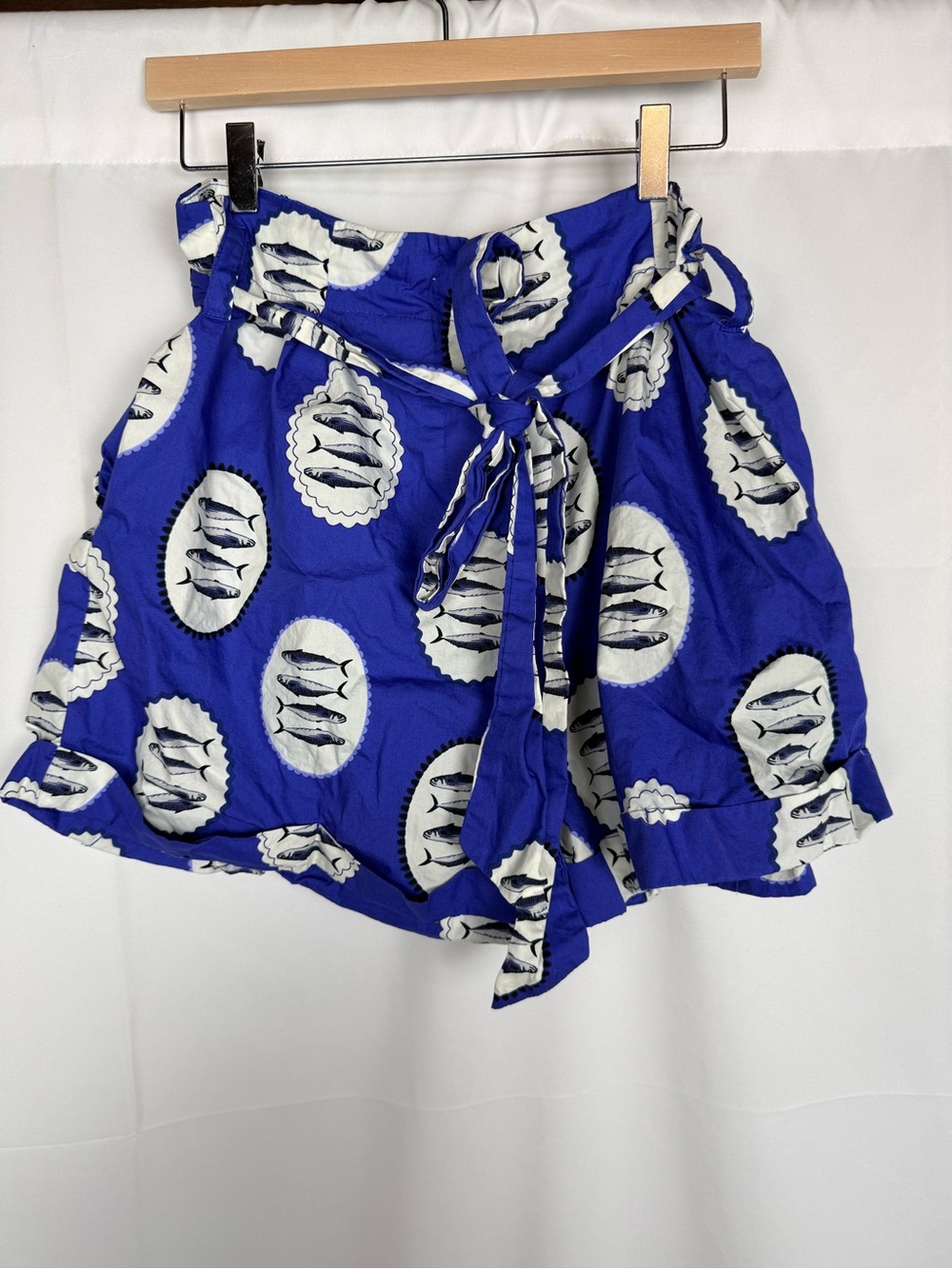 Sugarlips Blue Fish Print Paperbag Waist Shorts with Belt – Size XL